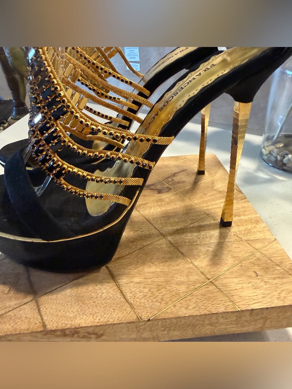 🔥RARE FIND! Frances Cosacco Black & Gold Crystal-Embellished Gold Stiletto Heels - Picture 8 of 12